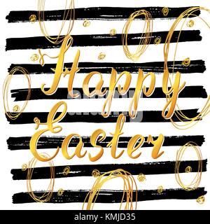 Frohe Ostern Hand gezeichnet Grußkarte mit Schriftzug und skizziert doodle Elemente, Gold auf Schwarz Linien Hintergrund. Stock Vektor