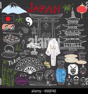 Japan Elemente doodles. Hand gezeichnete Skizze mit fujiyama Berg, shinto Tor gesetzt, japanische Küche Sushi und Kaffee Set, Ventilator, Theater, Masken, Katana, Pagode Stock Vektor