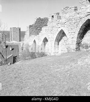 Eine Fotografie der Ringmur, einer mittelalterlichen Festung in Visby, Schweden, die vom KMB erhalten wurde und deren historische Bedeutung und Konstruktion unterstreicht. Stockfoto