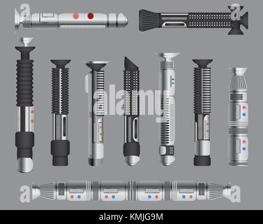 Licht Schwerter Griffe eingestellt. futuristische Nahkampf sci fi Waffe, kosmische glänzend Neon kämpfen Instrumente, isolierte Vector Illustration. Stock Vektor