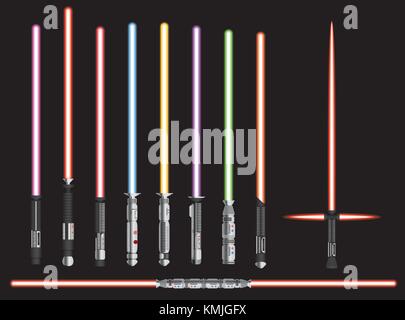 Licht Schwerter. futuristische Nahkampf sci fi Waffe, kosmische glänzend Neon kämpfen Instrument, Vector Illustration. Stock Vektor