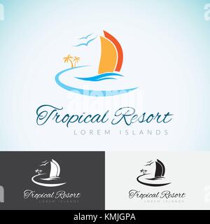 Yachtcharter, Palmen und Sonne, Travel Company Logo Design vorlage. Meer Kreuzfahrt, tropischen Insel oder Ferienhäuser Schriftzug Symbol. Stock Vektor