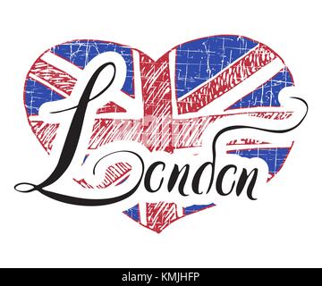 London hand Schrift zeichen mit grunge United kingdome Flagge in Form von Herzen, auf weißem Hintergrund Vektor-illustration isoliert. Stock Vektor