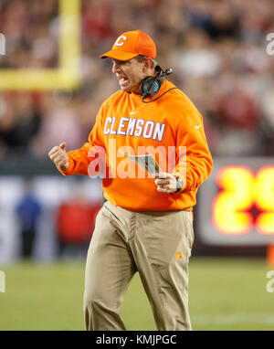 Clemson Tiger Head Coach Dabo Swinney feiert während der 2017 College Football Endspiel nationalen Meisterschaftspiel gegen Alabama in Tampa, Fla. Stockfoto