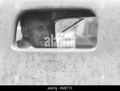 McMinnville, Oregon, USA - 13. August 2016: Ein älterer Mann schaut aus dem hinteren Fenster eines alten Lkw an Yamhill County Harvest Festival. Stockfoto