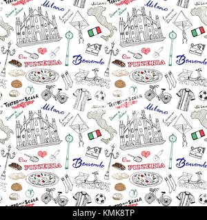 Mailand Italien nahtlose Muster mit Hand gezeichnete Skizze Elemente Dom, Flagge, Karte, Pizza, Transport und traditionelle Speisen. Zeichnung doodle Vektor Stock Vektor