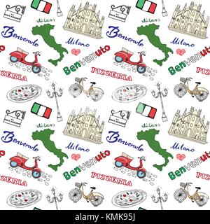 Mailand Italien nahtlose Muster mit Hand gezeichnete Skizze Elemente Dom, Flagge, Karte, Pizza, Transport und traditionelle Speisen. Zeichnung doodle Vektor Stock Vektor