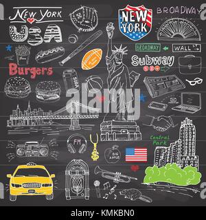 New York City doodles Elemente Sammlung. Hand gezeichnet Mit, Taxi, Kaffee, Hot Dog, Burger, Freiheitsstatue, Broadway, Musik, Kaffee, Zeitung, m Stock Vektor
