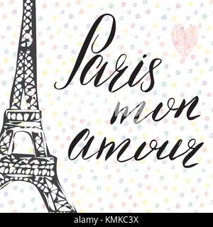 Paris meine liebe Schriftzug Zeichen, französische Wörter, mit Hand gezeichnete Skizze Eiffelturm auf abstrakten Hintergrund Vector Illustration. Stock Vektor