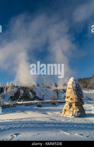 Frischer Schnee deckt die Liberty cap Travertin rock Kegel Ausbildung in den Yellowstone National Park Mammoth Hot Springs im Winter Januar 5, 2017 in Wyoming. (Foto von Jacob w. Frank über planetpix) Stockfoto