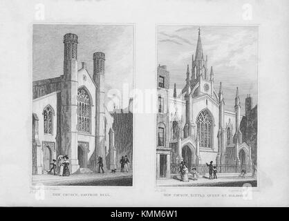 Neue Kirchen Saffron Hill, Little Queen Street, Holborn, Gravur 'Metropolitan Verbesserungen oder London im 19. Jahrhundert", London, England, Großbritannien 1828 Stockfoto