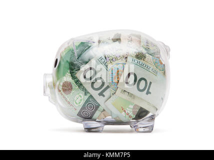 Transparentes Sparschwein mit polnischen Geld. Beschneidungspfad enthalten. Stockfoto