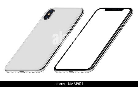 Weiße Perspektive Smartphones wie iPhone X mockup Vorder- und Rückseite im Uhrzeigersinn gedreht. Stockfoto