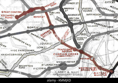Die Karte von Bakerloo aus dem Jahr 1908 zeigt das ursprüngliche Layout der Bakerloo-Linie in London, ein wichtiger Teil der Verkehrsgeschichte und -Entwicklung der Stadt. Stockfoto