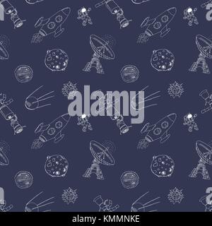 Platz doodles Icons nahtlose Muster. Hand gezeichnete Skizze mit Meteoren, Sonne und Mond, Radar, Astronaut Rakete. Vector Illustration. Stock Vektor
