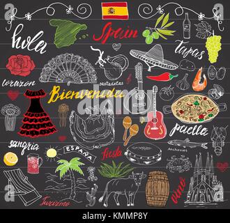 Spanien doodles Elemente. Hand gezeichnet mit spanischer Beschriftung, Paella, Garnelen, Oliven-, Traubenkern, Ventilator, Weinfass, Gitarren, Musik instrumente, dresse Stock Vektor