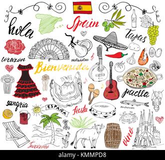 Spanien doodles Elemente. Hand gezeichnet mit spanischer Paella, Garnelen, Oliven, Trauben, Ventilator, Wein Barel, Gitarren, Musik Instrumente, Kleider, Bull, r Stock Vektor