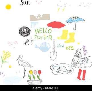 Frühling Saison gesetzt doodles Elemente. Hand gezeichnete Skizze mit Regenschirm, Regen, Gummistiefel, Regenjacke, flovers, Gartengeräte, Nest und Vögel gesetzt. Zeichnung Stock Vektor