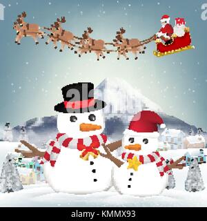 Schneemann und Weihnachtsmann in Winter Dorf Stock Vektor