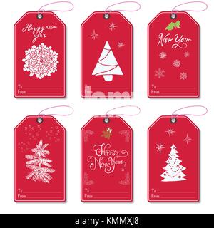 Neue Jahr Geschenk tags Vektor Vorlage, handgezeichnete Skizze Elemente mit Schriftzug. vorhanden Karten Design von Frohes neues Jahr 2016. doodles und Fes Stock Vektor