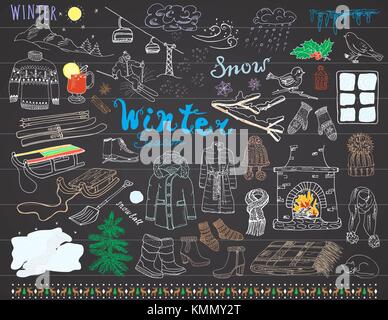 Winter Saison gesetzt doodles Elemente. Hand gezeichnet mit Glas Glühwein, Stiefel, Kleidung, Kamin, Berge, Ski- und sladge, warme Decke, Socken und Stock Vektor