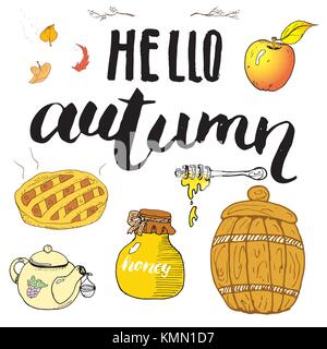 Herbst Saison gesetzt. Hand gezeichnet Doodles und Schriftzug Vector Illustration Stock Vektor