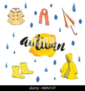 Herbst Saison gesetzt. Hand gezeichnet Doodles und Schriftzug Vector Illustration Stock Vektor