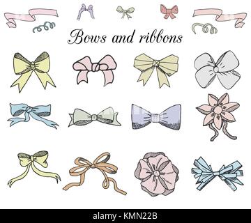Hand Bänder und Bögen Set Vector Illustration gezeichnet. Eine Sammlung von sketchad doodle Grafik Bänder und Bögen, Designelemente eingefärbt isoliert. Stock Vektor