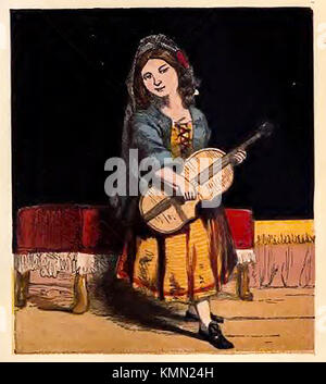 Viktorianische Zeitvertreibe (von einem farbigen Kinder Bilderbuch. - Musik - ein Mädchen oder ein Junge Dame Spielen einer Gitarre in Spanisch Kleid Stockfoto