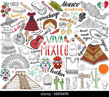 Mexiko hand gezeichnete Skizze Set Vector Illustration. Stock Vektor