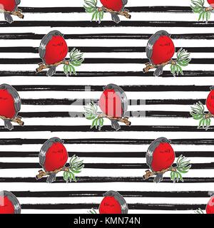 Gimpel, Robin Vogel hand gezeichnete Skizze, gestreifte nahtlose Muster. Vector Illustration Stock Vektor