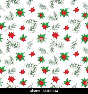 Neues Jahr und Weihnachten Hand gezeichnet Pflanzen, Weihnachtsstern Blumen und Kiefern Zweige nahtlose Muster Hintergrund. Vector Illustration isoliert auf weißem Stock Vektor