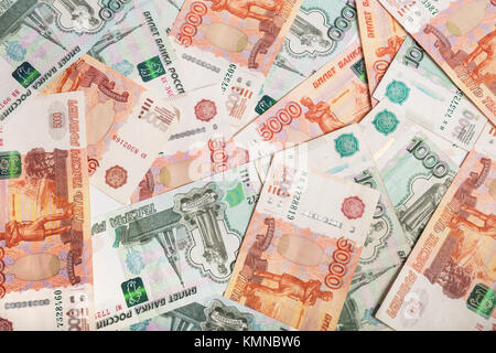 Hintergrund der fünf - und ein Tausendstel Banknoten Russischer Rubel Stockfoto