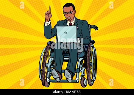 Afrikanische Unternehmer im Rollstuhl mit Laptop. pop art retro Vektor illustration Stock Vektor
