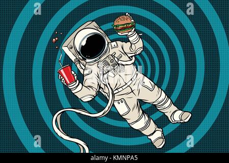 Astronauten in der Schwerelosigkeit mit fast food. pop art retro Vektor illustration Stock Vektor