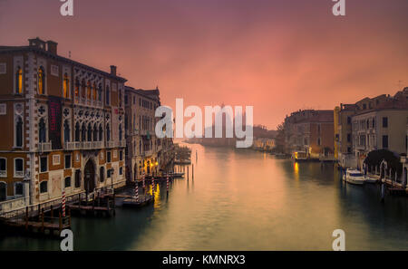 Blick auf Venedig: am frühen Morgen einen Blick von der Accademia Brücke im Nebel, gegenüber der Kirche Santa Maria della Salute. Stockfoto