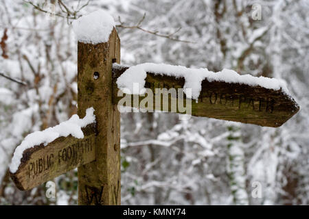 Snowy öffentlichen Fußweg Zeichen einer Winterwanderung in Horsham West Sussex UK. Bäume mit Schnee im Hintergrund der öffentlichen Fußweg Zeichen im Vordergrund. Stockfoto