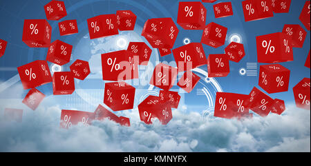 Vektor Zeichen der Prozentsatz gegen holographische Planet auf dunklem Hintergrund Stockfoto