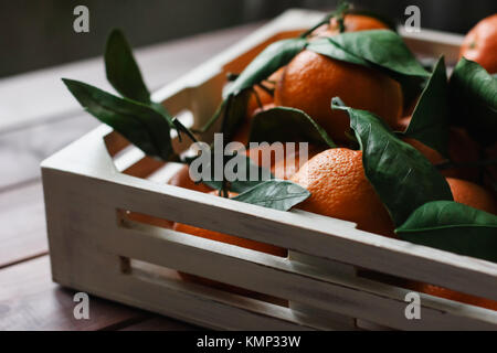 Holzkiste für frische Mandarinen mit Blättern auf dem Tisch Stockfoto