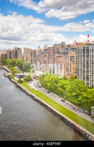 Roosevelt Island waterfront Luftbild, New York City, USA. Stockfoto