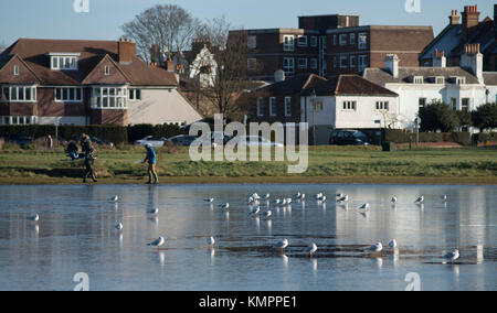 Wimbledon Village, London, UK. 9. Dezember, 2017. Schwere über Nacht Frost allmählich Aufzüge in der Wintersonne. Möwen stehen auf Eis bedeckt Wimbledon Common Teich mit Wanderern, die von blauen Himmel. Credit: Malcolm Park/Alamy Leben Nachrichten. Stockfoto