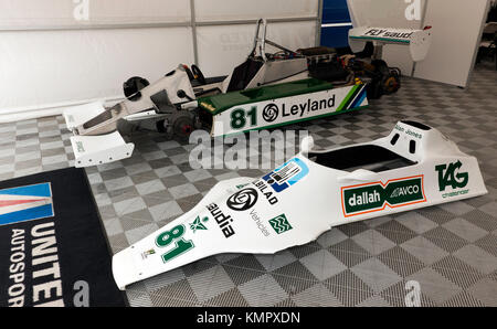 Seitenansicht des 1980 F1 World Championship gewinnen, Williams FW07 Formel-1-Auto, angetrieben von Alan Jones, auf der Silverstone Classic 2017 Stockfoto