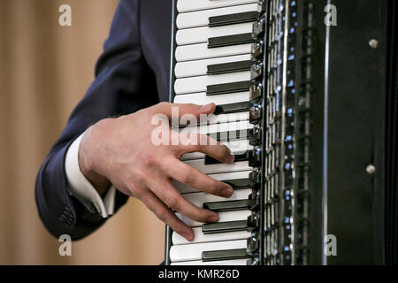 Ein junger Musiker spielt solo auf einem Akkordeon während eines Konzerts Stockfoto