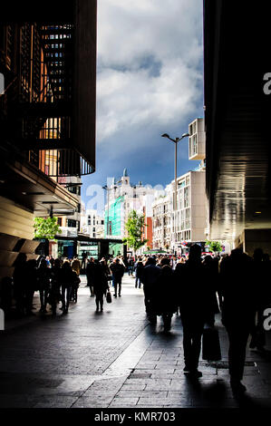 Sturmwolken über Callao in Madrid. Stockfoto