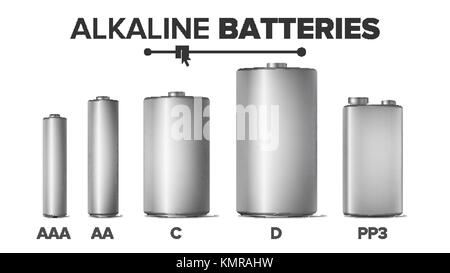Alkaline Batterien mock up set Vektor. Verschiedene Arten Aaa, Aa, c, d, pp 3, 9 Volt. standard moderne realistische Batterie. Metall sauber leere Vorlage gut für Branding Design. isolierte Abbildung Stock Vektor
