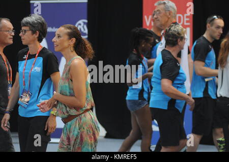 Sportler kommen bei World Masters Veteranen Leichtathletik WM in Lyon, Frankreich Stockfoto