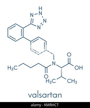 Valsartan Bluthochdruck (Hypertonie) Droge. Hemmer des Angiotensin-II-Rezeptor. Skelettmuskulatur Formel. Stock Vektor