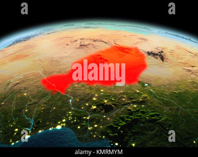 Morgen über Niger in Rot hervorgehoben auf dem Modell des Planeten Erde im Weltraum. 3D-Darstellung. Elemente dieses Bild von der NASA eingerichtet. Stockfoto