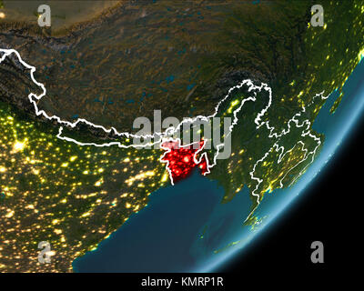 Bangladesch von der Umlaufbahn der Erde auf dem Planeten Erde bei Nacht in Rot mit sichtbaren Grenzen und die Lichter der Stadt hervorgehoben. 3D-Darstellung. Elemente der t Stockfoto