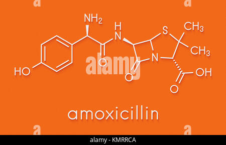 Amoxicillin Beta-Laktam-Antibiotikum Medikament Molekül. Skelettmuskulatur Formel. Stockfoto